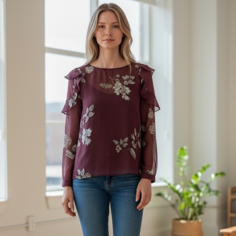 BB DAKOTA  Burgundy dark Floral Print Chiffon Long Sleeve Ruffle Top Medium